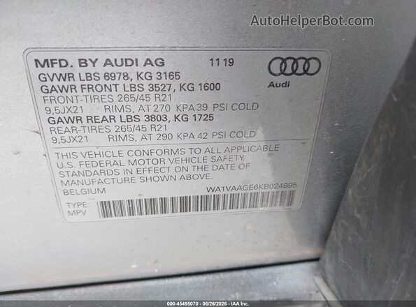 WA1VAAGE6KB024895 2019 AUDI E-TRON Silver Вид підкапотного простору