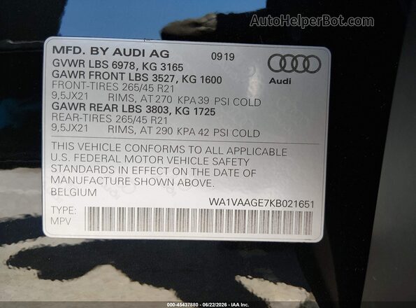 WA1VAAGE7KB021651 2019 AUDI E-TRON Black Շարժիչի բաժամունքի տեսք