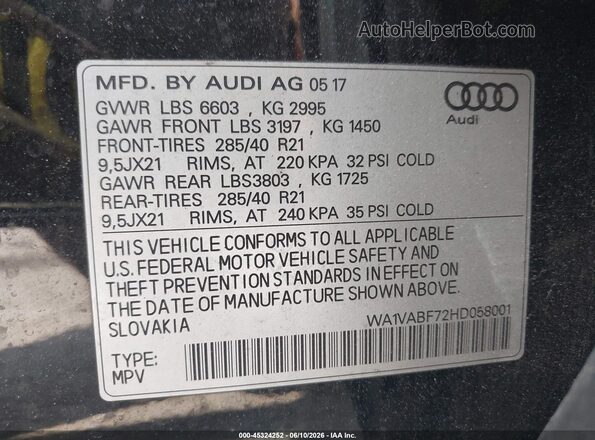 WA1VABF72HD058001 2017 AUDI Q7 Black Շարժիչի բաժամունքի տեսք
