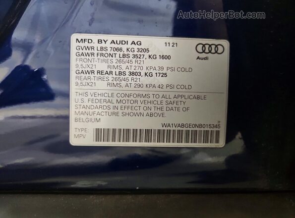 WA1VABGE0NB015345 2022 AUDI E-TRON Синий Вид наклейки с VIN-кодом