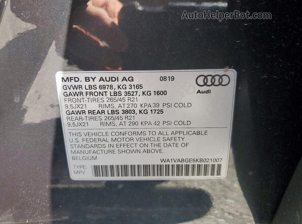 WA1VABGE5KB021007 2019 AUDI E-TRON Charcoal VIN კოდის სტიკერის ხედი