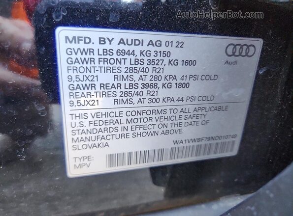 WA1VWBF79ND010749 2022 AUDI SQ7 Black Vista de la etiqueta del VIN