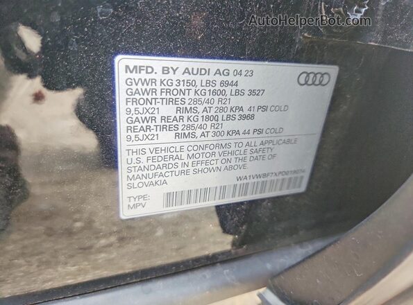 WA1VWBF7XPD019074 2023 AUDI SQ7 Черный Вид наклейки с VIN-кодом