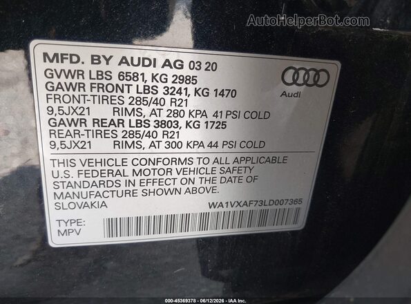 WA1VXAF73LD007365 2020 AUDI Q7 Black ძრავის განყოფილების ხედი