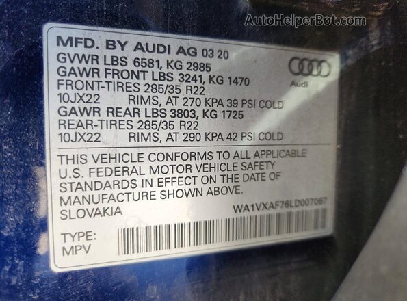 WA1VXAF76LD007067 2020 AUDI Q7 Blue 