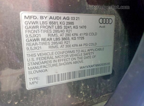 WA1VXAF76MD035095 2021 AUDI Q7 Серый Вид наклейки с VIN-кодом