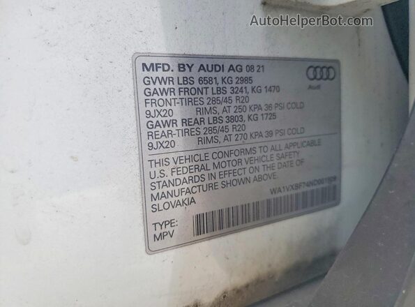 WA1VXBF74ND001809 2022 AUDI Q7 White Vista de la etiqueta del VIN