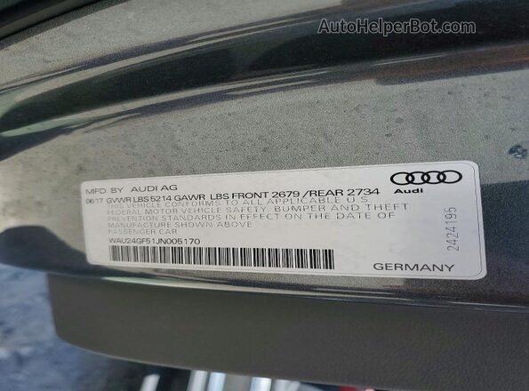 WAU24GF51JN005170 2018 AUDI S5 Charcoal Vista de la etiqueta del VIN