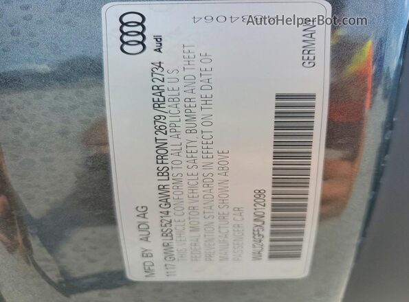 WAU24GF5XJN012098 2018 AUDI S5 Gray Вид наклейки з VIN-кодом