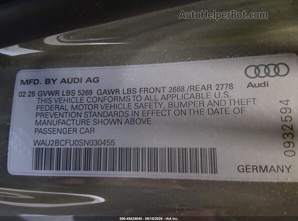 WAU2BCFU0SN030455 2025 AUDI ALL Gray Widok komory silnika