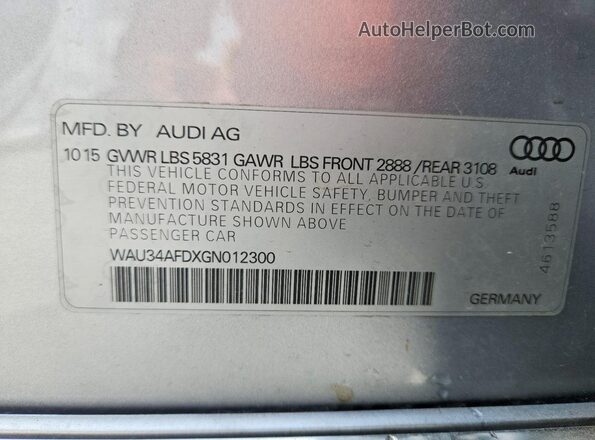 WAU34AFDXGN012300 2016 AUDI A8 Silver Vista de la etiqueta del VIN
