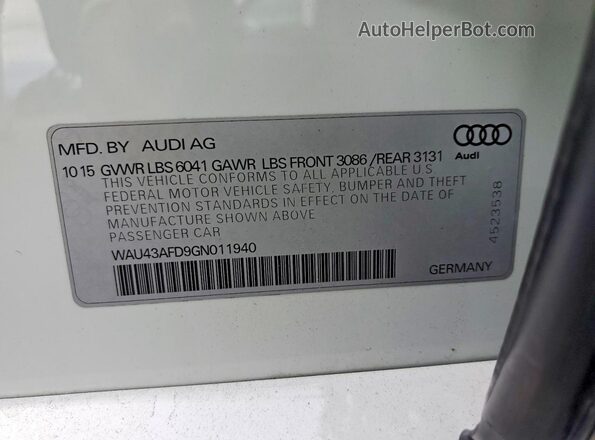 WAU43AFD9GN011940 2016 AUDI A8 White Vista del compartimento del motor