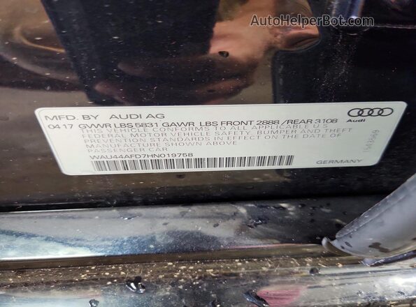 WAU44AFD7HN019758 2017 AUDI A8 Blue Vista de la etiqueta del VIN