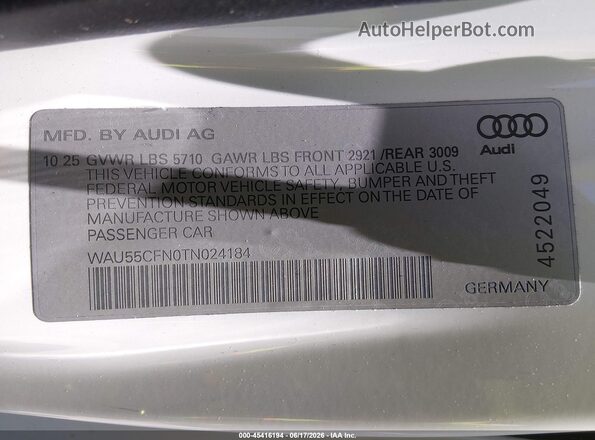 WAU55CFN0TN024184 2026 AUDI A6 Белый Вид подкапотного пространства
