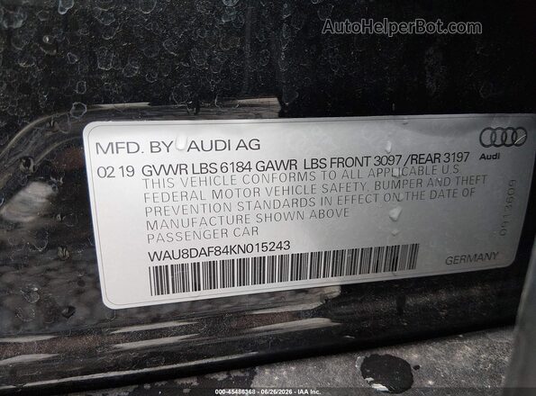 WAU8DAF84KN015243 2019 AUDI OTHER Black Vista del compartimento del motor