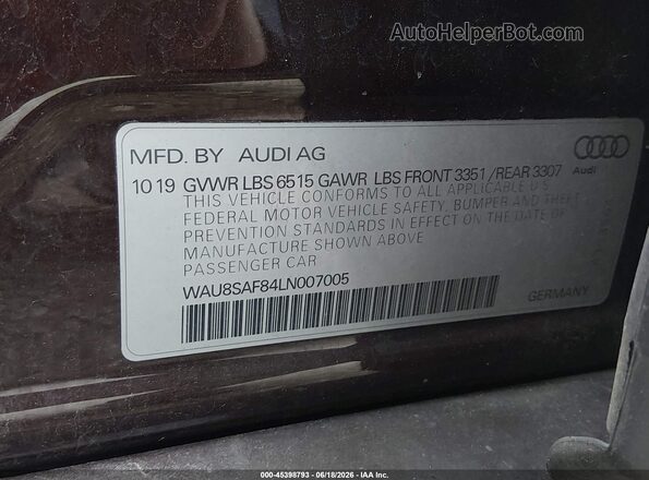 WAU8SAF84LN007005 2020 AUDI S8 Maroon Widok komory silnika