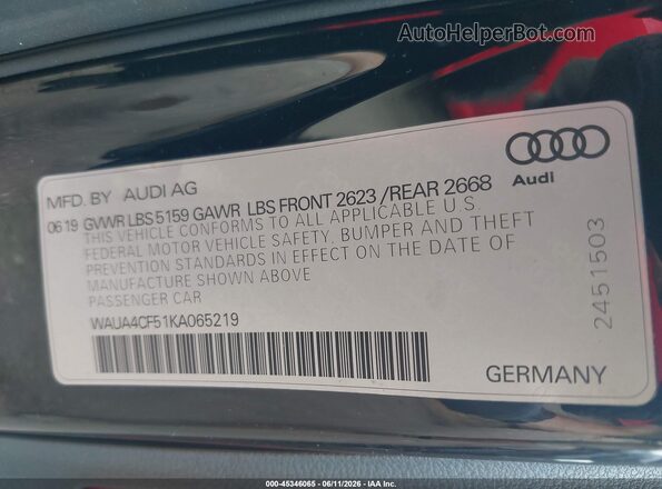 WAUA4CF51KA065219 2019 AUDI S5 Black Engine compartment view