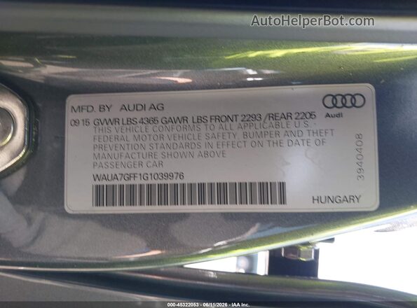WAUA7GFF1G1039976 2016 AUDI A3 Gray ძრავის განყოფილების ხედი