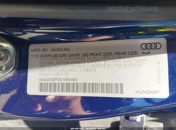 WAUA7GFF3G1064460 2016 AUDI A3 Blue Շարժիչի բաժամունքի տեսք