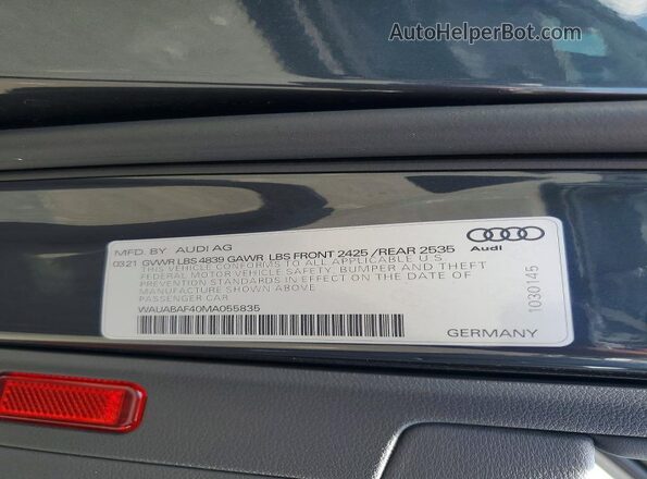 WAUABAF40MA055835 2021 AUDI A4 Gray VIN կոդի պիտակի տեսք