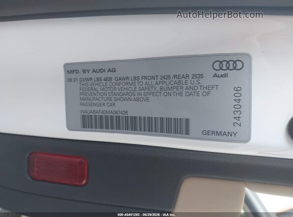 WAUABAF40MA087426 2021 AUDI A4 White Engine compartment view