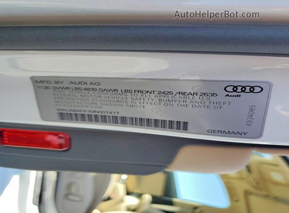 WAUABAF41MN007477 2021 AUDI A4 Белый Вид наклейки с VIN-кодом