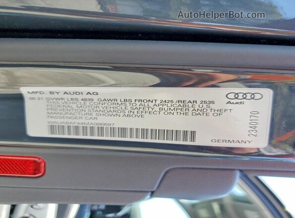 WAUABAF44MA086697 2021 AUDI A4 Gray Widok naklejki z numerem VIN