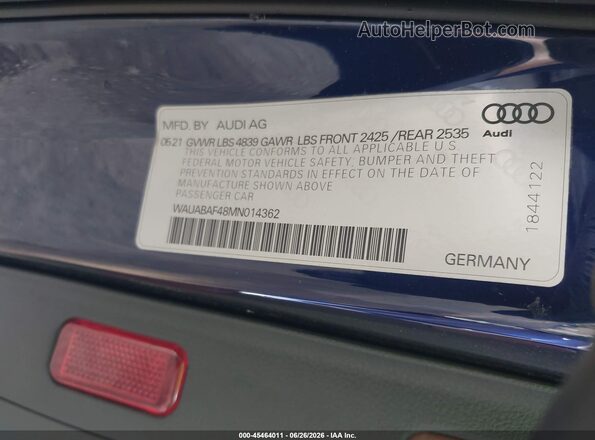 WAUABAF48MN014362 2021 AUDI A4 Blue Вид підкапотного простору