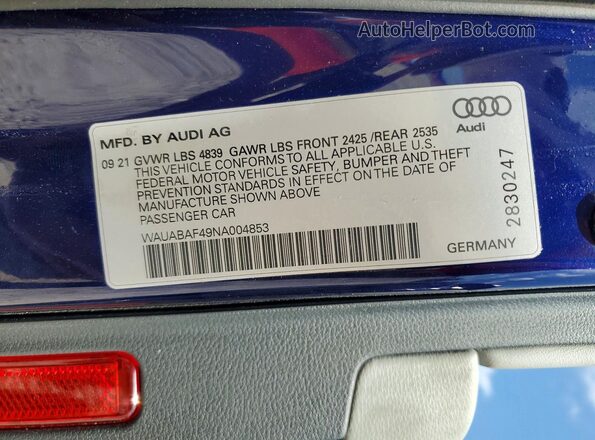 WAUABAF49NA004853 2022 AUDI A4 Blue Vista del compartimento del motor