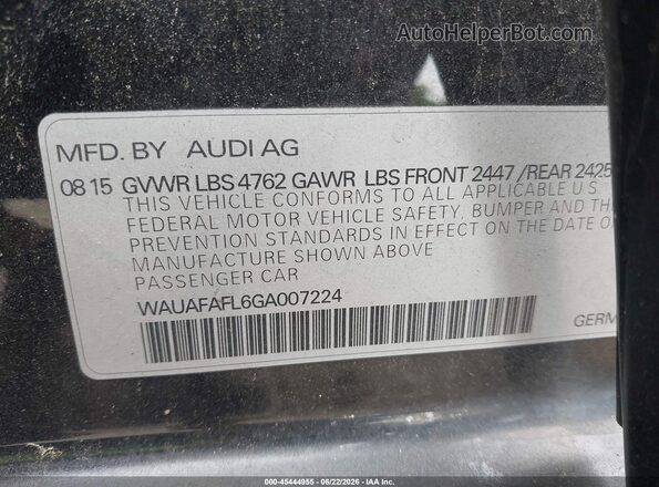 WAUAFAFL6GA007224 2016 AUDI A4 Black Vista del compartimento del motor