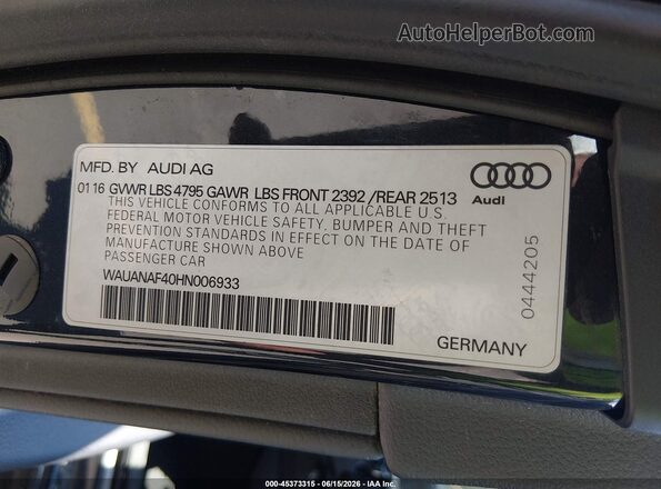 WAUANAF40HN006933 2017 AUDI OTHER Black Շարժիչի բաժամունքի տեսք