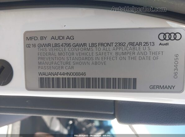 WAUANAF44HN008846 2017 AUDI OTHER White Engine compartment view