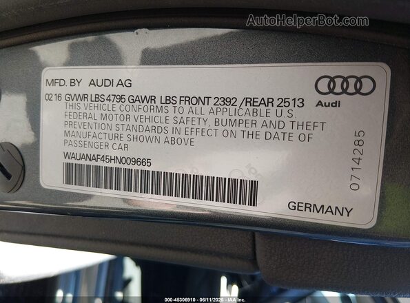 WAUANAF45HN009665 2017 AUDI OTHER Gray Vista del compartimento del motor