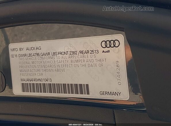 WAUANAF45HN010413 2017 AUDI A4 Серый Вид подкапотного пространства
