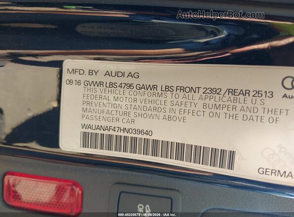 WAUANAF47HN039640 2017 AUDI A4 Black Շարժիչի բաժամունքի տեսք