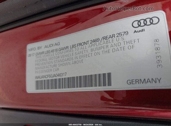 WAUANCF50JA046317 2018 AUDI A5 Red ძრავის განყოფილების ხედი
