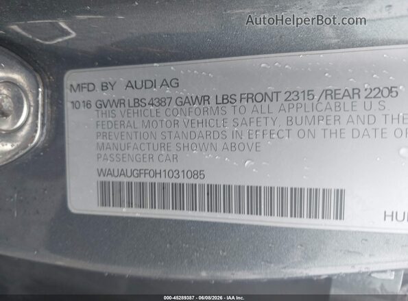 WAUAUGFF0H1031085 2017 AUDI A3 Gray Vista del compartimento del motor