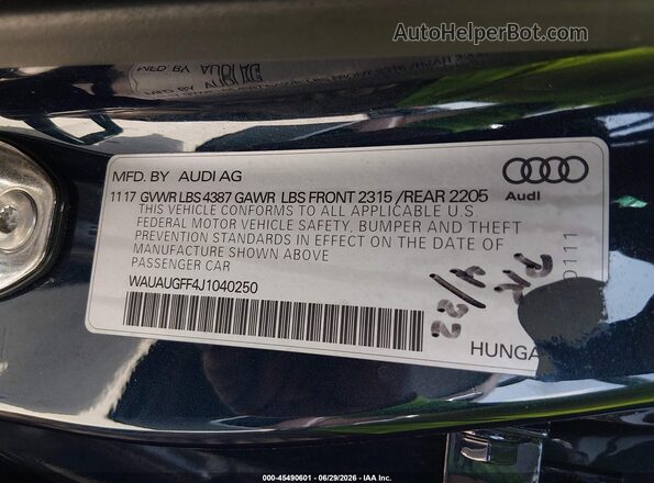 WAUAUGFF4J1040250 2018 AUDI A3 Синий Вид подкапотного пространства