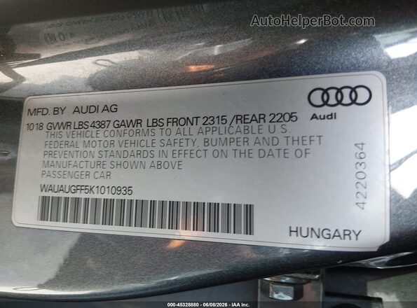 WAUAUGFF5K1010935 2019 AUDI A3 Black Շարժիչի բաժամունքի տեսք