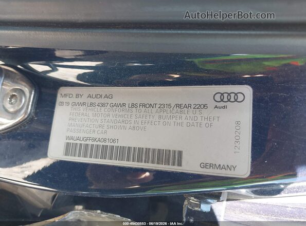 WAUAUGFF6KA081061 2019 AUDI A3 Dark Blue Engine compartment view