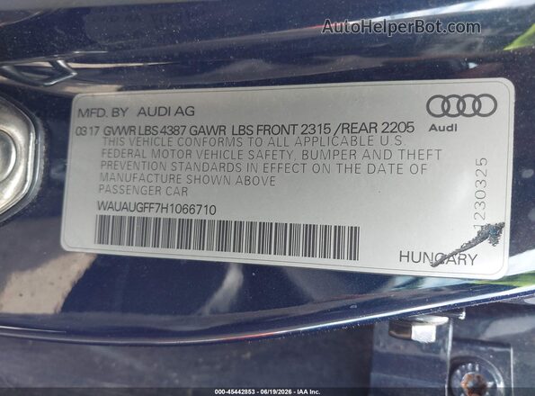 WAUAUGFF7H1066710 2017 AUDI A3 Blue 