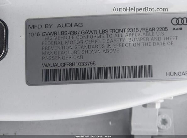 WAUAUGFF8H1033795 2017 AUDI A3 White Вид підкапотного простору