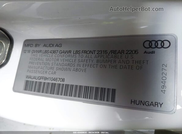 WAUAUGFF8H1046708 2017 AUDI A3 White Vista del compartimento del motor
