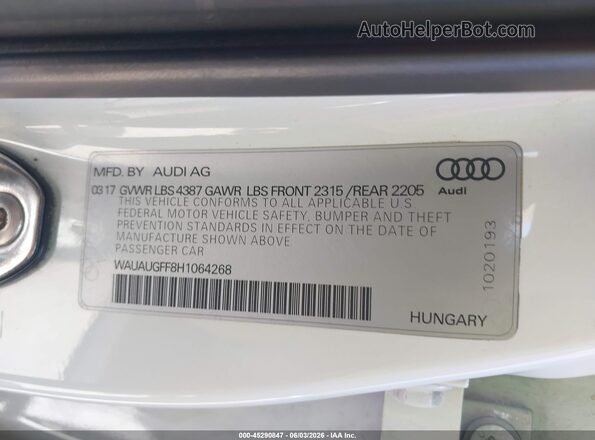 WAUAUGFF8H1064268 2017 AUDI A3 White Вид підкапотного простору