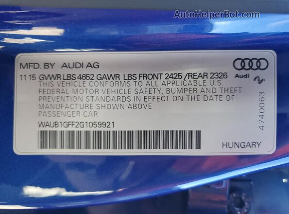 WAUB1GFF2G1059921 2016 AUDI S3 Blue VIN კოდის სტიკერის ხედი