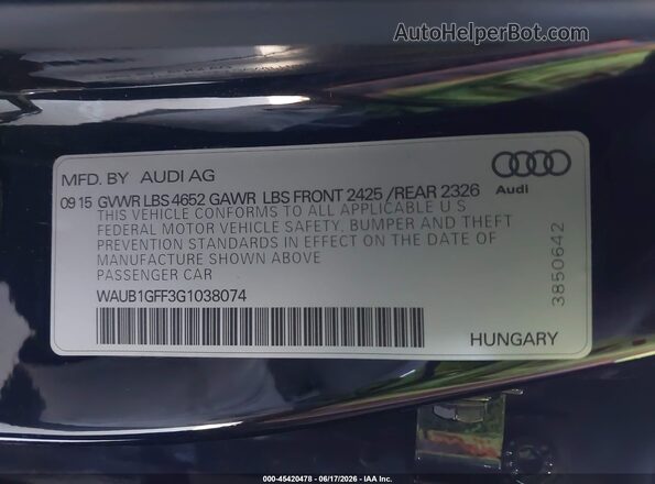 WAUB1GFF3G1038074 2016 AUDI S3 Black Вид підкапотного простору