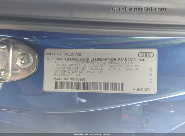 WAUB1GFF3G1069051 2016 AUDI S3 Blue Вид підкапотного простору