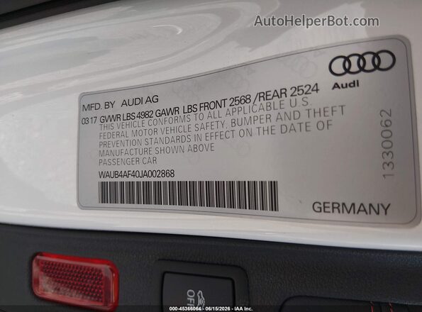 WAUB4AF40JA002868 2018 AUDI S4 White Engine compartment view