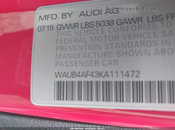 WAUB4AF43KA111472 2019 AUDI S4 Red Вид підкапотного простору