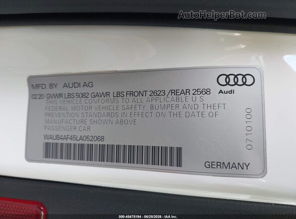 WAUB4AF45LA052068 2020 AUDI S4 White ძრავის განყოფილების ხედი